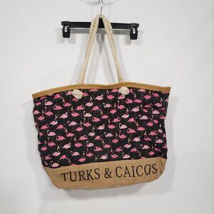 Turks & Caicos  Burlap Jute Tote Bag with Flamingos  Rope Handle
